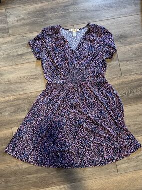 Floral V-Neck Midi Dress in Navy with Purple Print